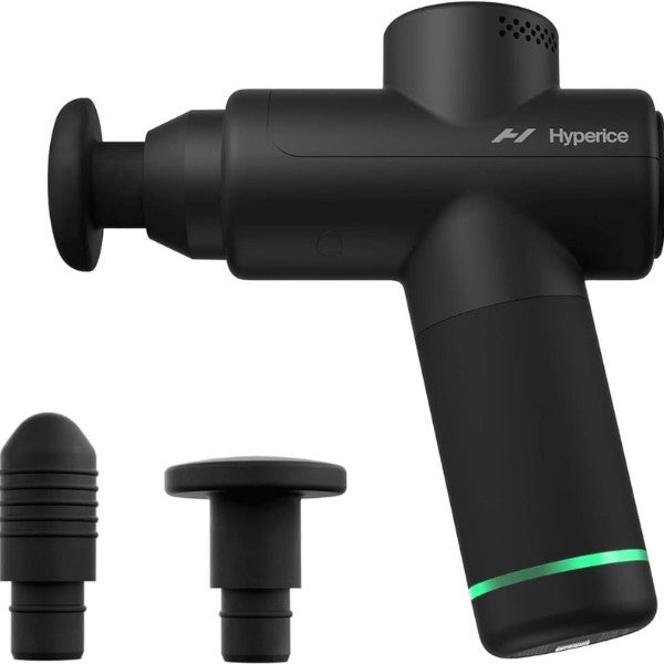 Black massage gun with attachments on a white background, featuring the Hyperice brand.