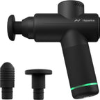 Black massage gun with attachments on a white background, featuring the Hyperice brand.