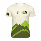 An off-white short-sleeve athletic t-shirt featuring a green and dark green mountain topographic graphic on the lower half, with 'K24 ULTRA-TRAIL' logos printed on the chest and sleeve.