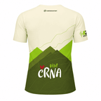 A short-sleeve athletic t-shirt shown from the back, featuring a cream upper section, green geometric mountain graphics, and 'visit CRNA' printed in white and green on the lower back. The brand name 'COMPRESSPORT' is visible at the inner neck.