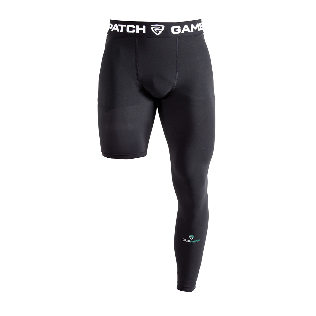 Black compression shorts with visible branding on a white background