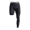 Black compression shorts with visible branding on a white background