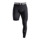 Black compression shorts with visible branding on a white background