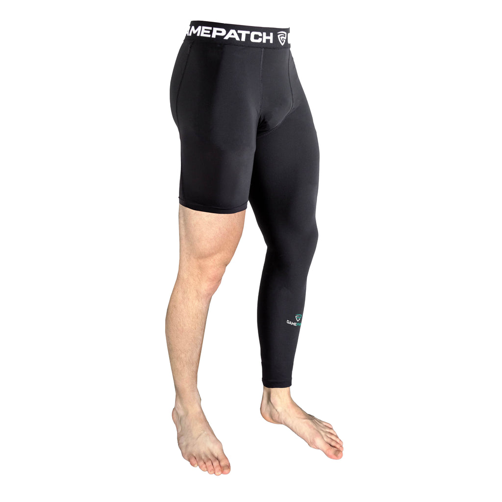 one leg compression tights black left leg side on body gamepatch