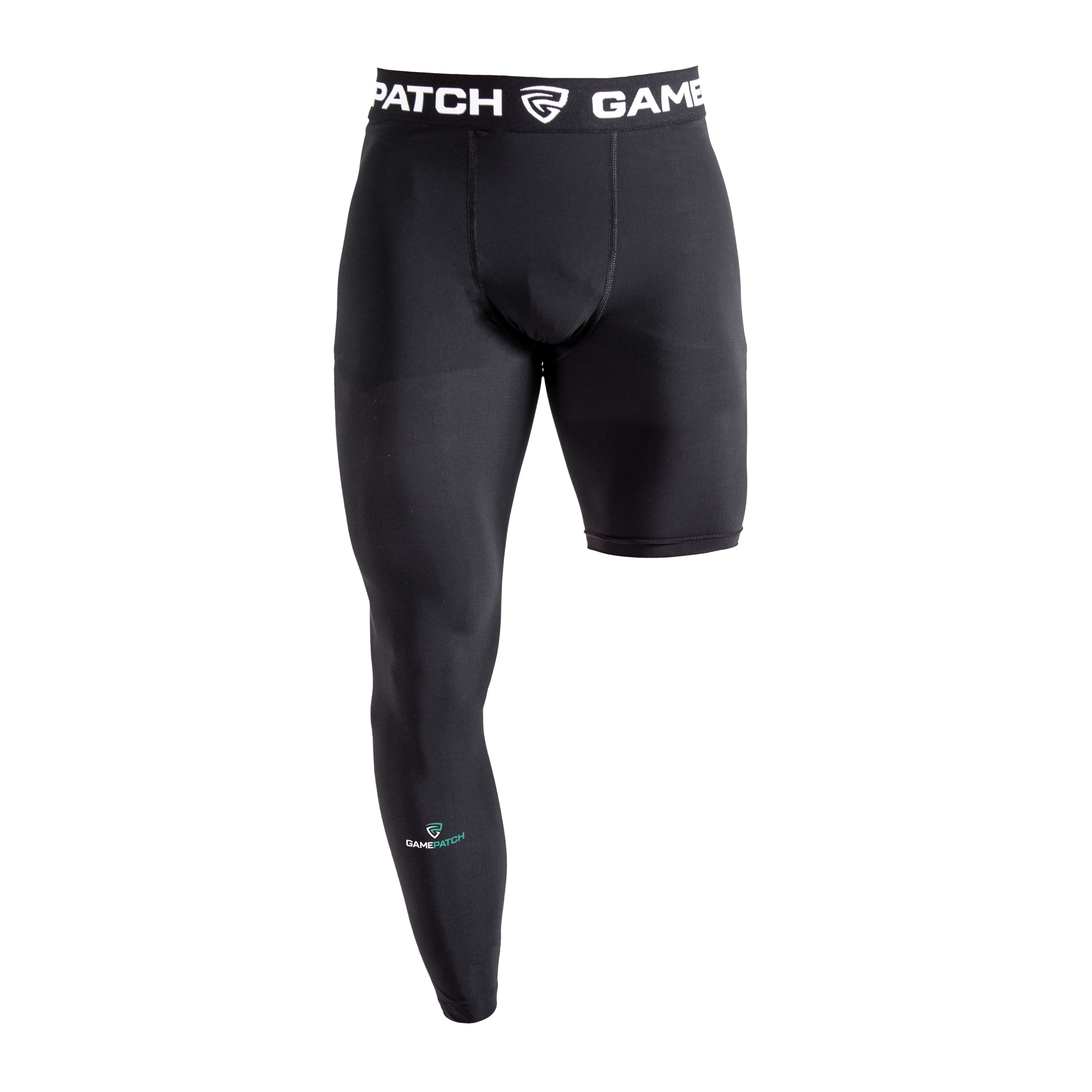 Black compression shorts with visible branding on a white background