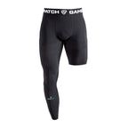 Black compression shorts with visible branding on a white background