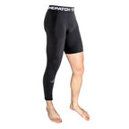 Black compression shorts with visible branding on a white background