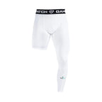 White compression leggings with a black waistband featuring 'Gamepatch' branding on a white background.