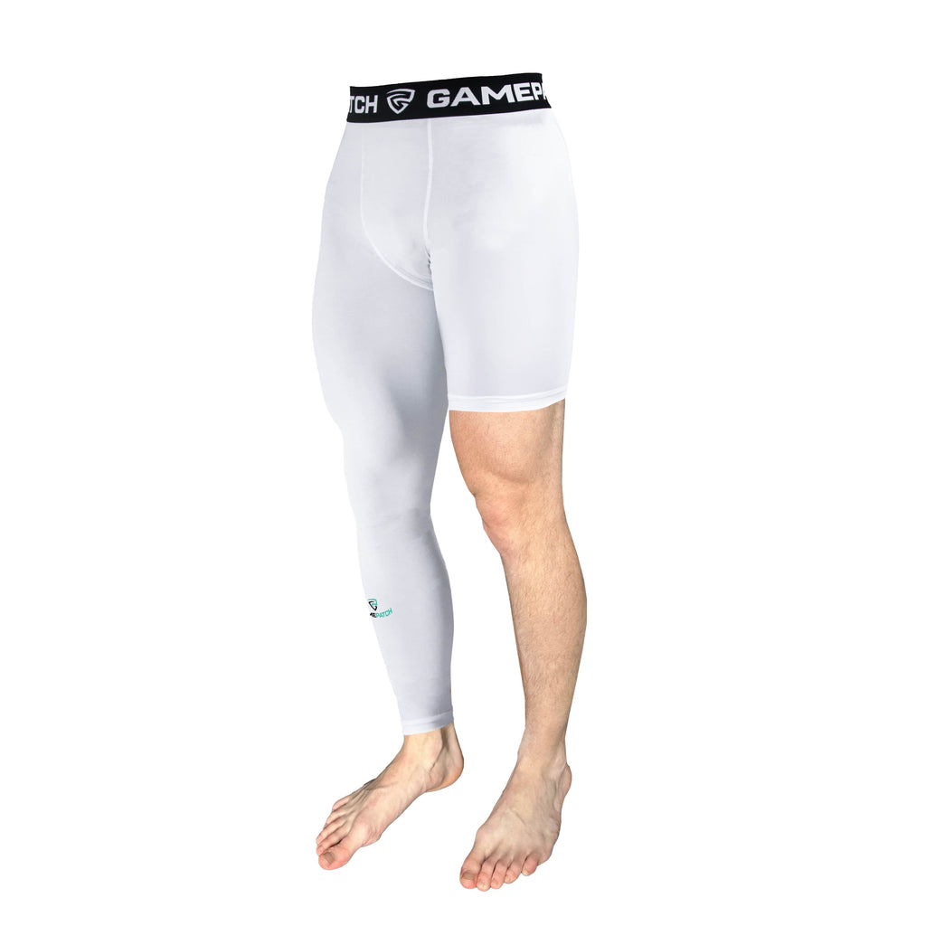 White leggings with a black waistband on a white background
