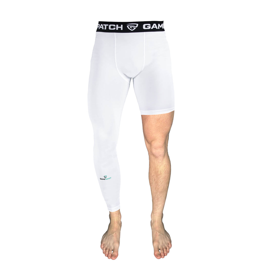 White compression leggings with a black waistband on a white background