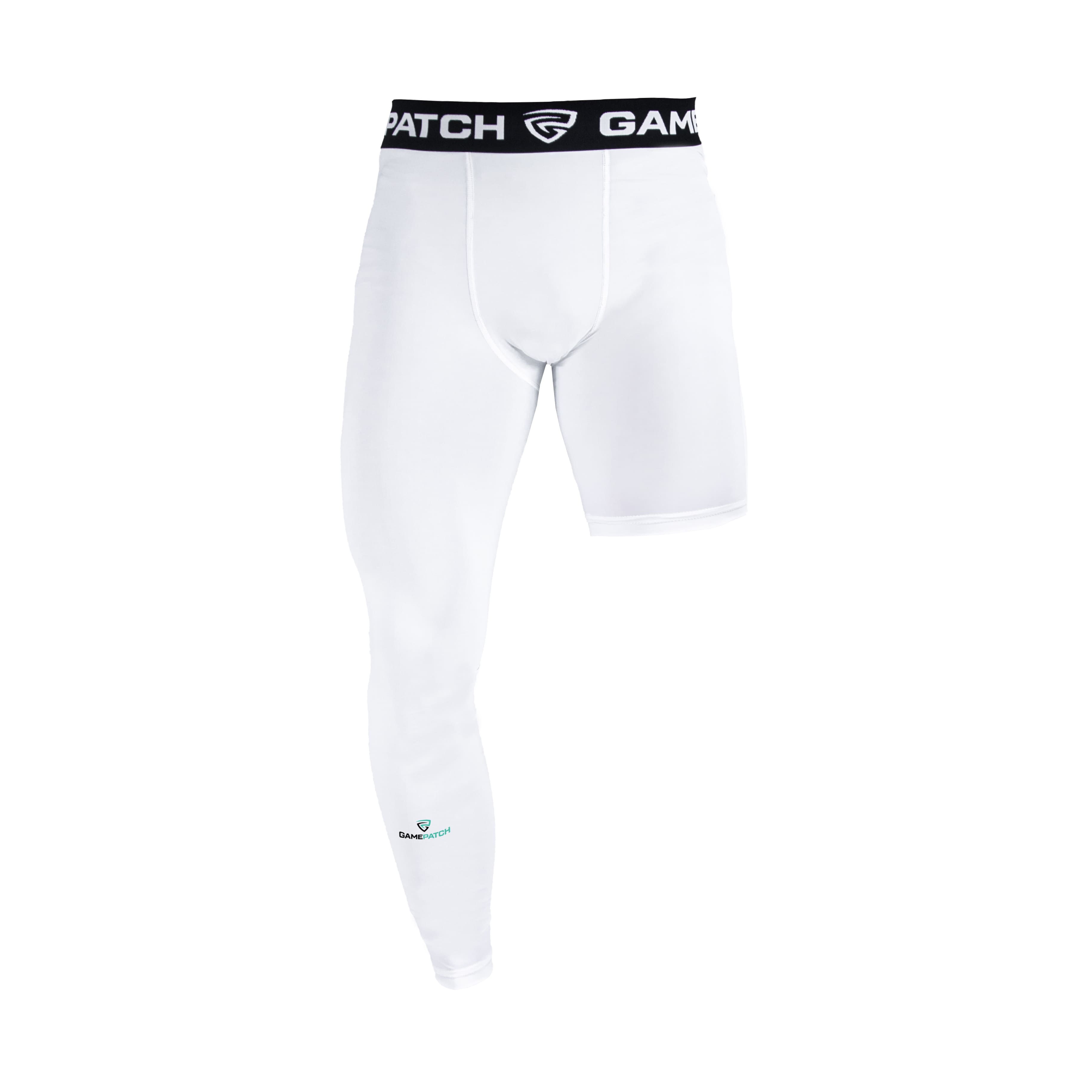 White compression leggings with a black waistband on a white background
