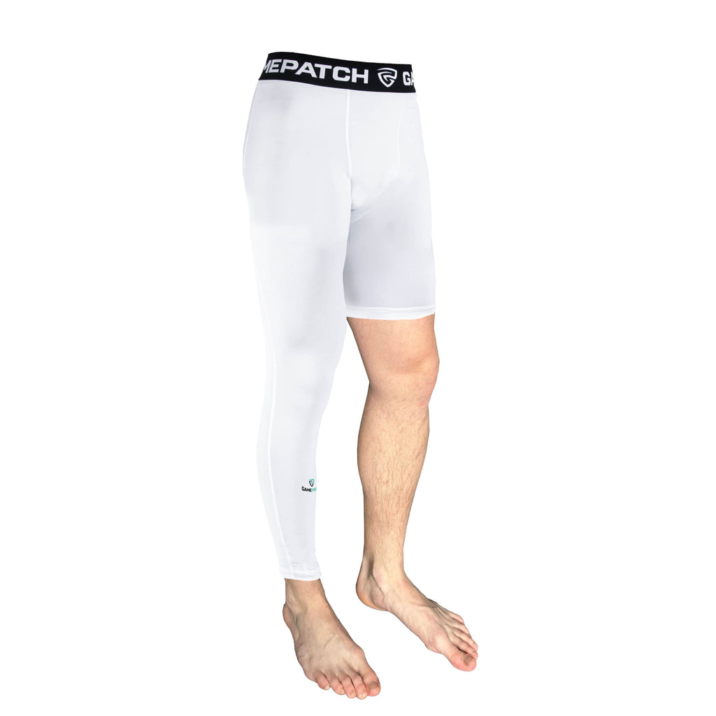 White compression leggings with a brand logo on a white background