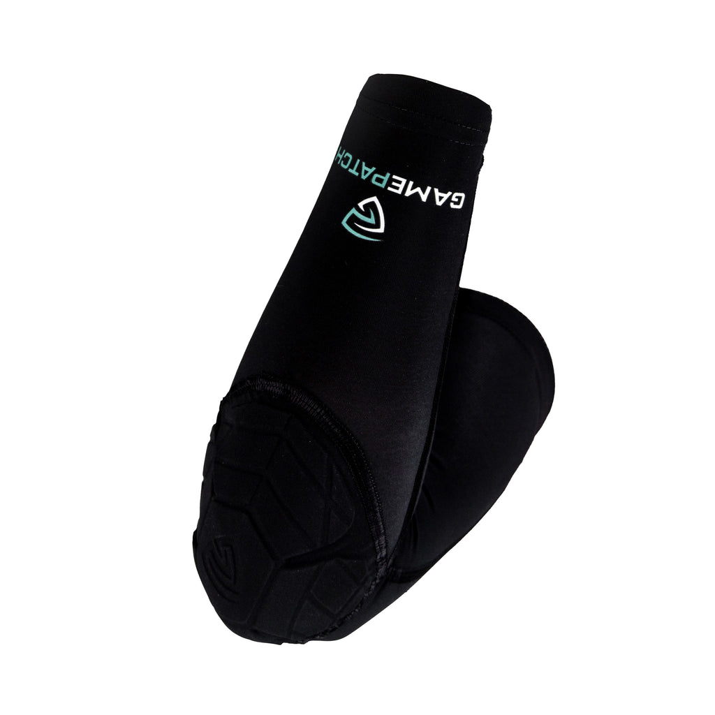 Black padded elbow sleeve with 'Gamepatch' branding on a white background