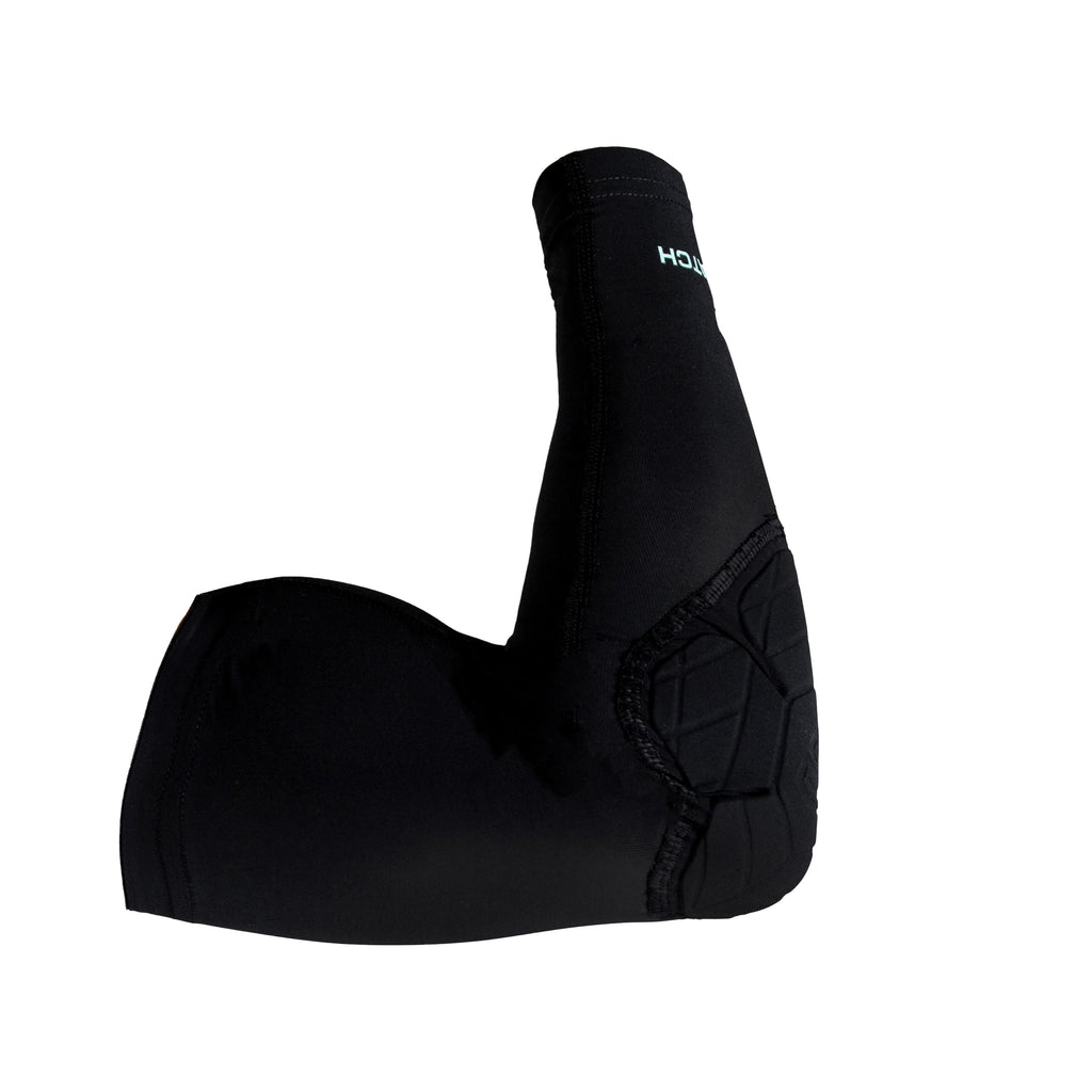 Black padded arm sleeve with brand logo on a white background
