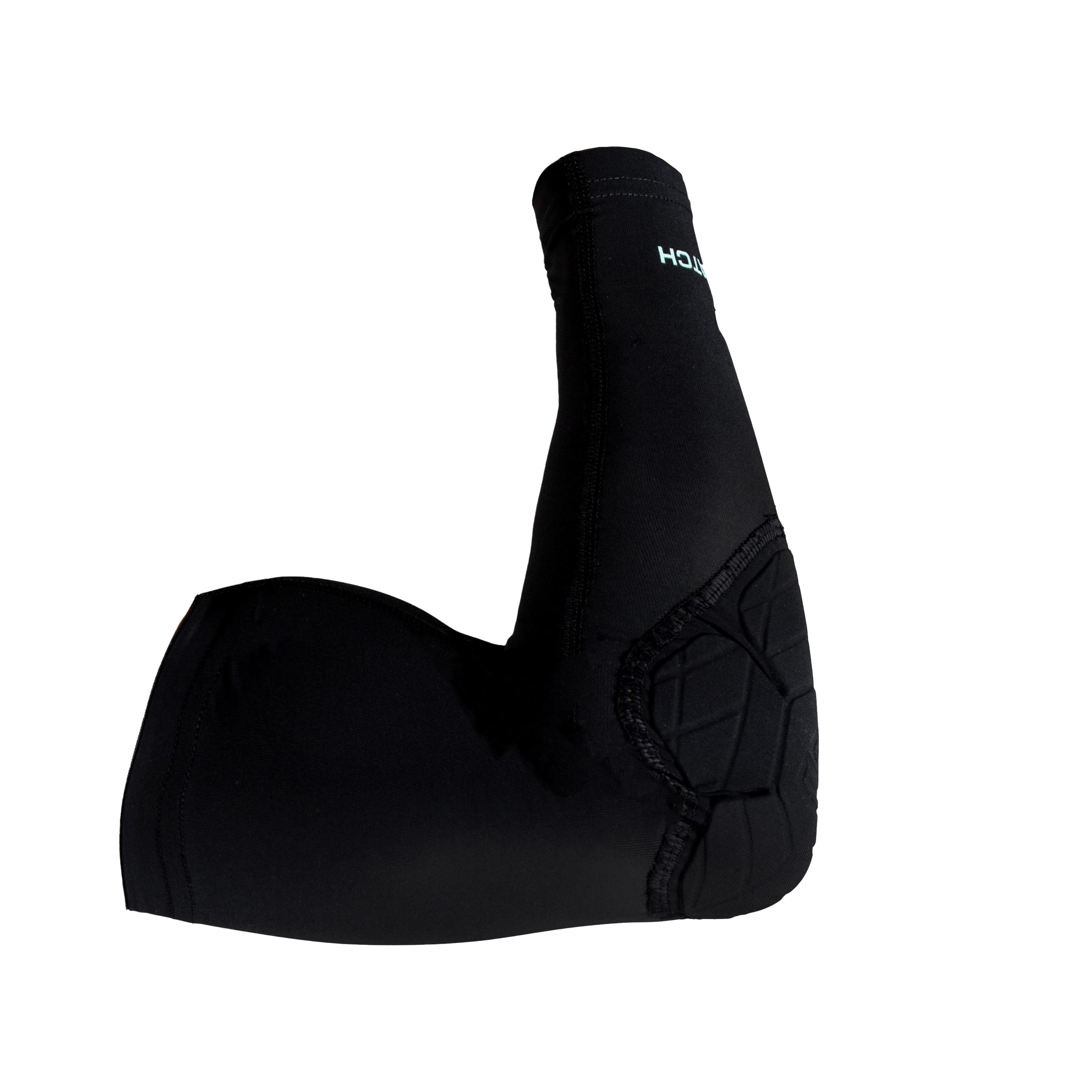 Black padded arm sleeve with brand logo on a white background