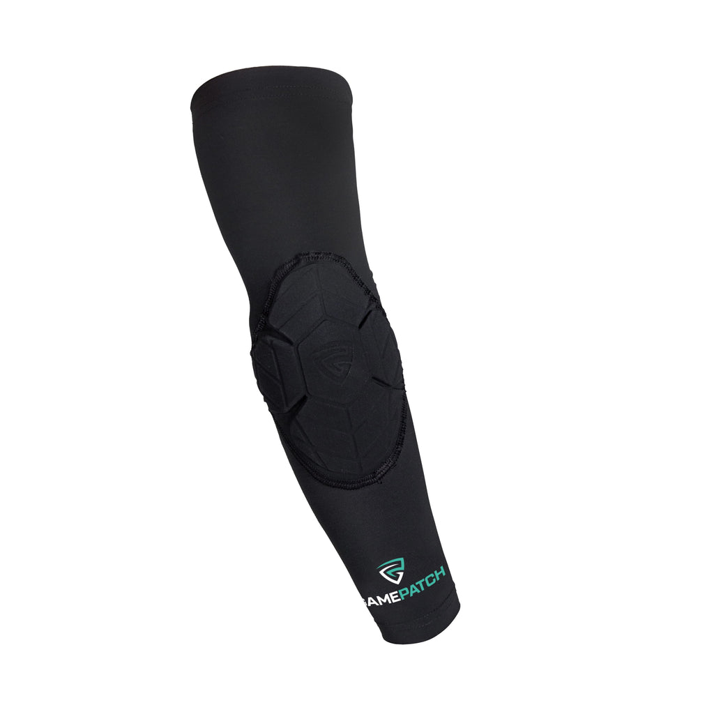 Black elbow pad with a visible brand logo on a white background