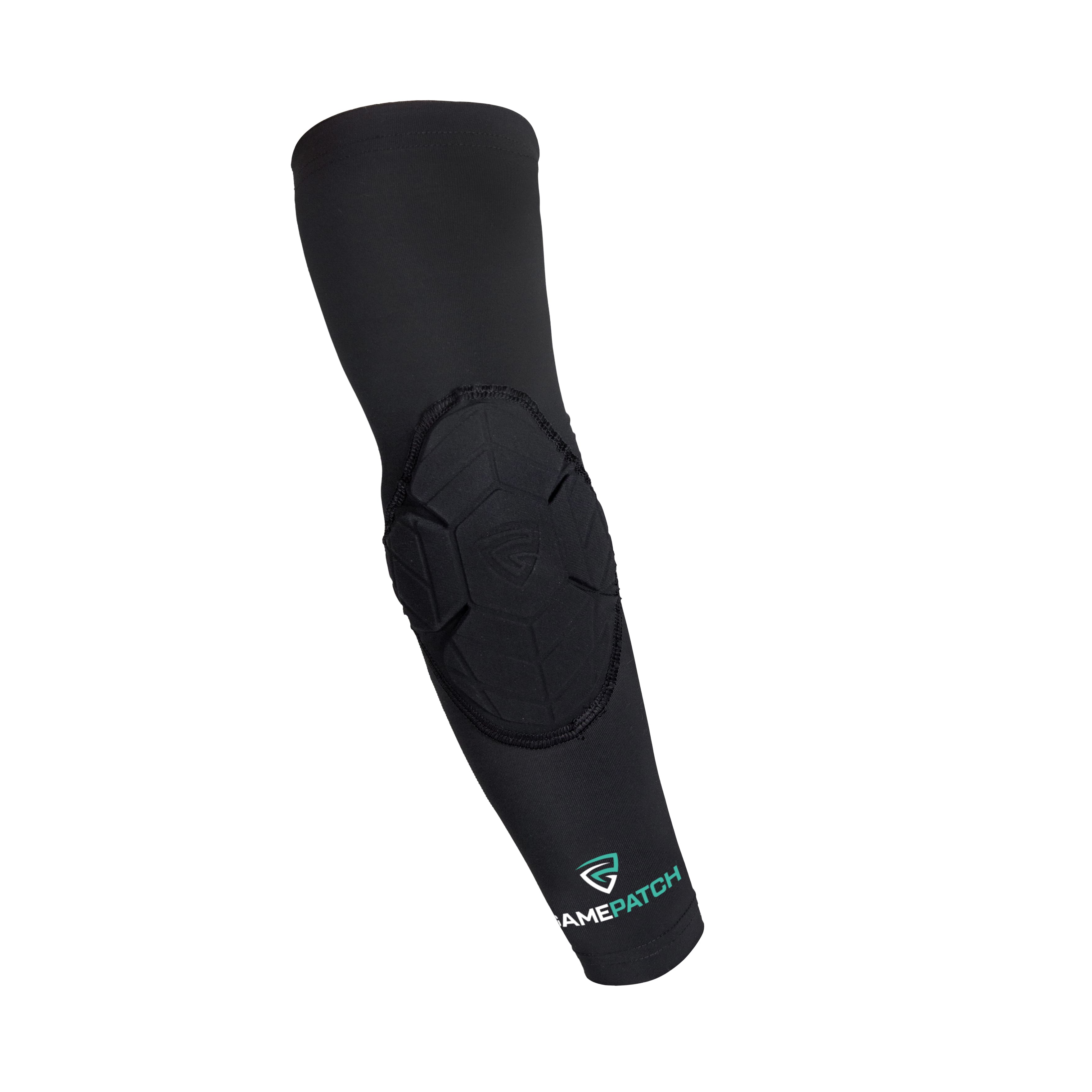 Black elbow pad with a visible brand logo on a white background