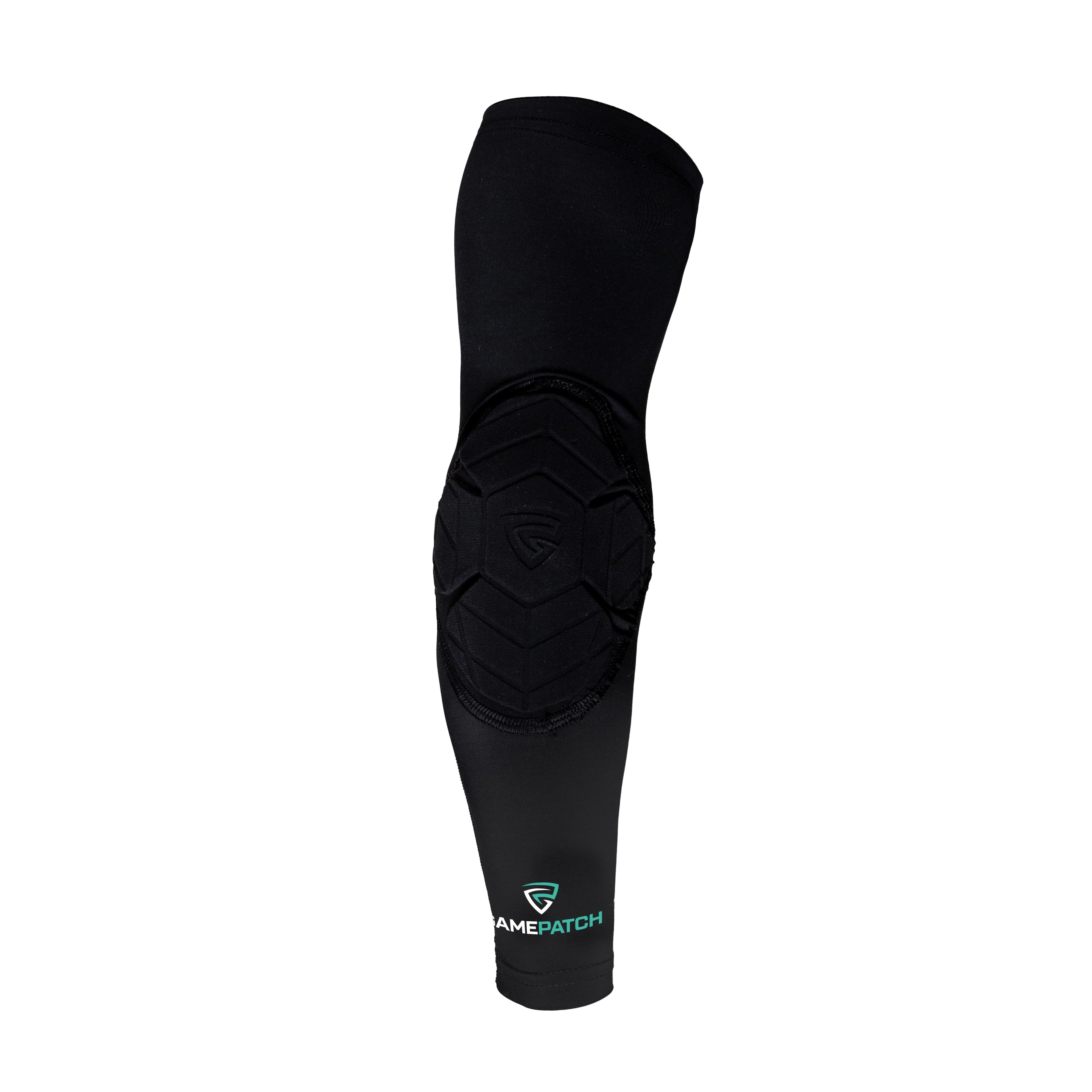 Black elbow pad with a visible brand logo on a white background