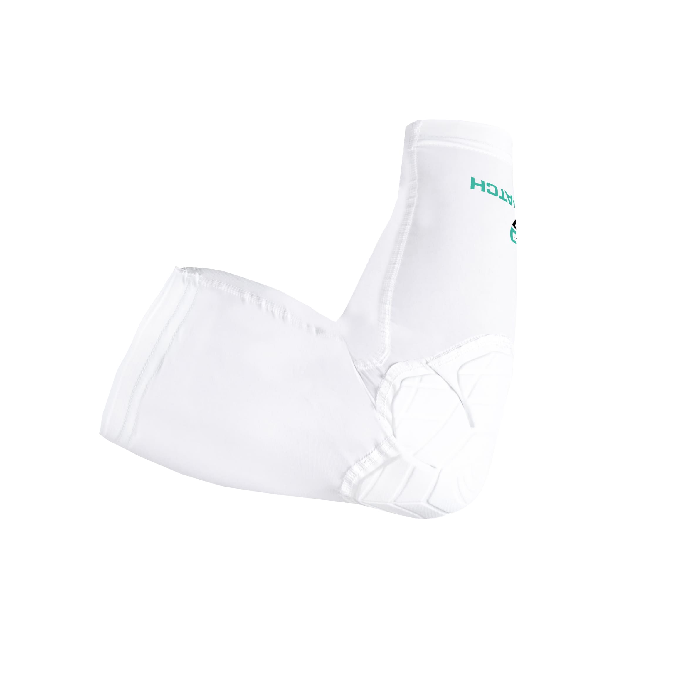 White padded arm sleeve with a brand logo on a white background