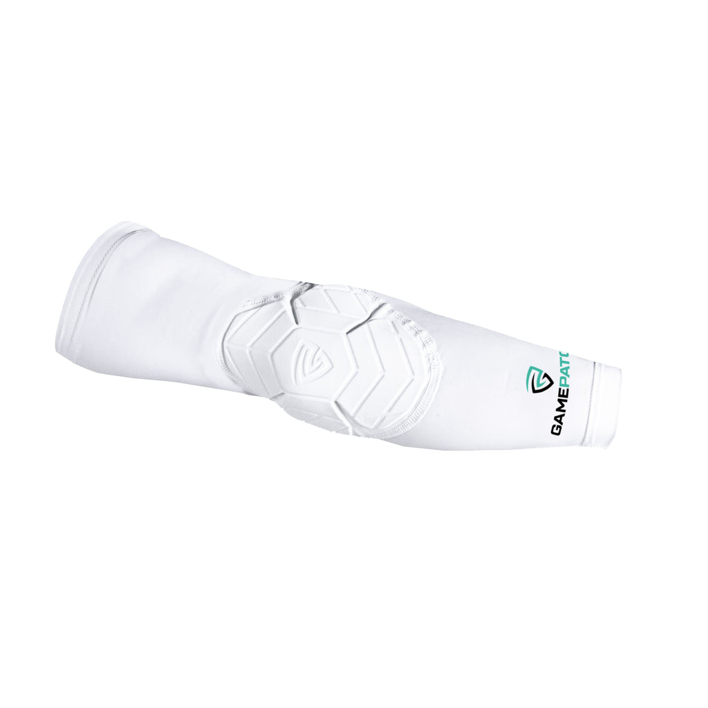 White elbow pad with a brand logo on a white background