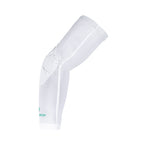 White padded arm sleeve with a brand logo on a white background