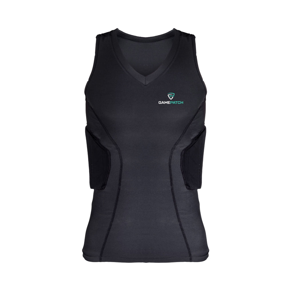 Black padded compression sleeveless shirt with a logo on a white background