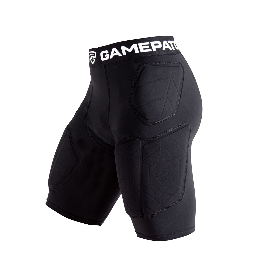 Black padded compression shorts with 'GamePatch' waistband on a white background