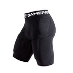 Black padded compression shorts with 'GamePatch' waistband on a white background