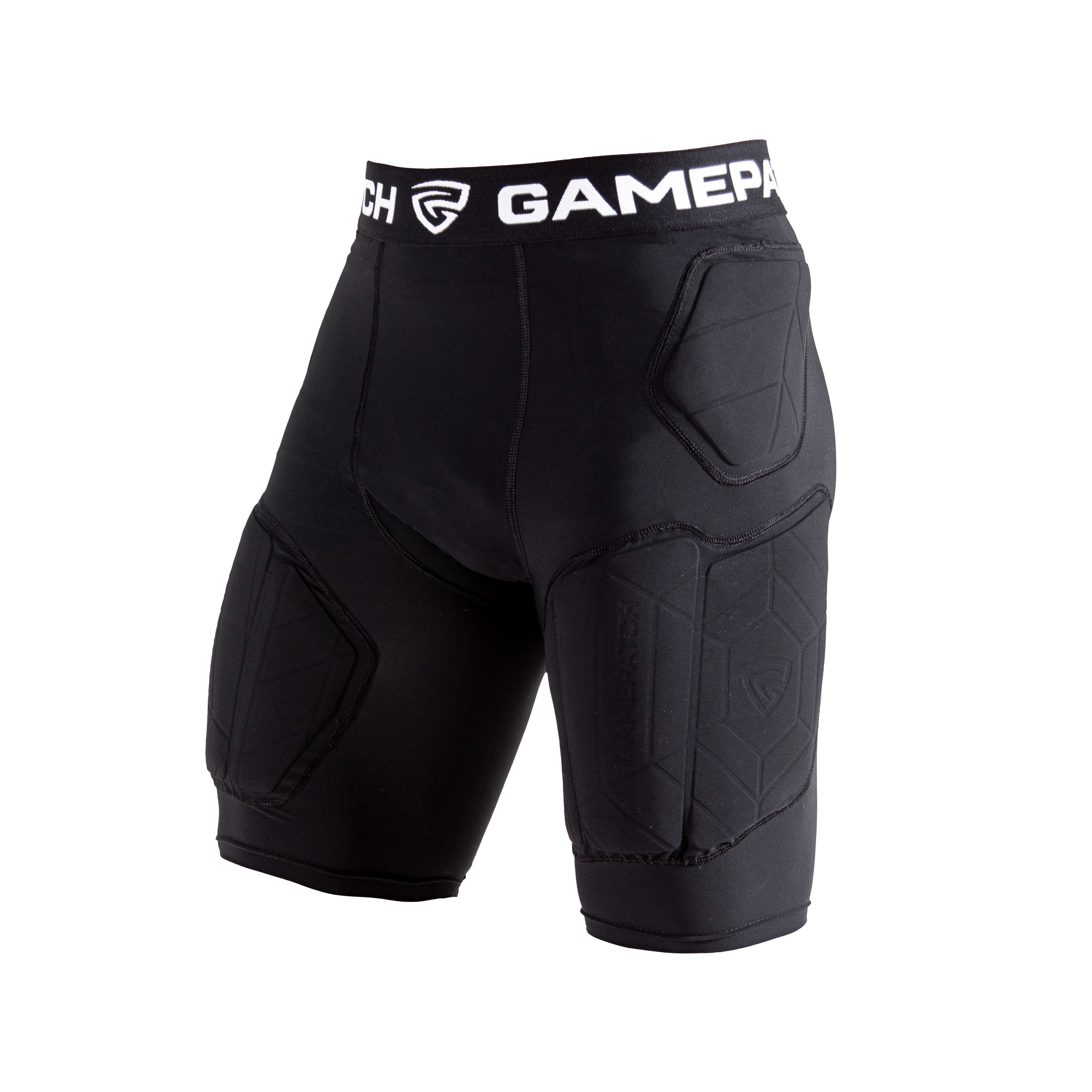 Black padded compression shorts with padding on a white background, featuring the GamePatch logo.