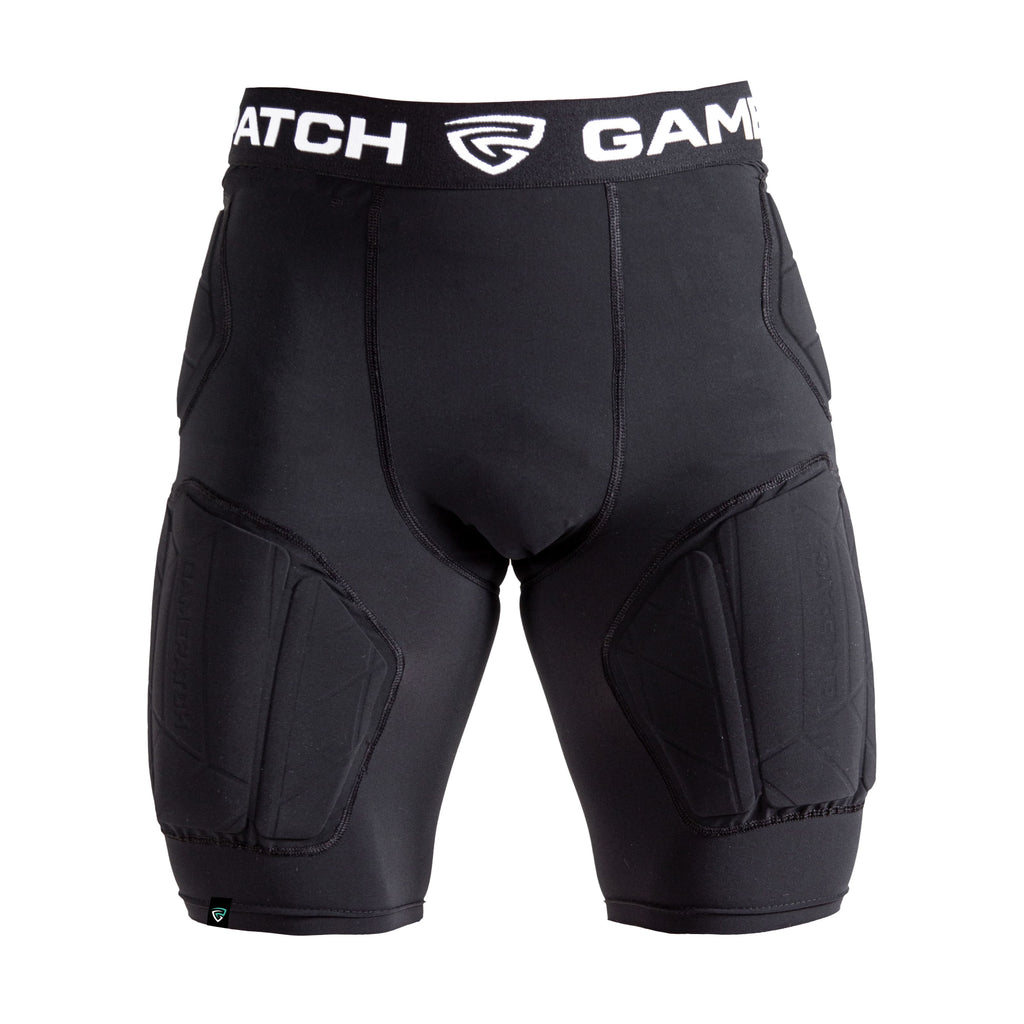 Black protective shorts with a brand logo on the waistband against a white background