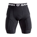 Black protective shorts with a brand logo on the waistband against a white background