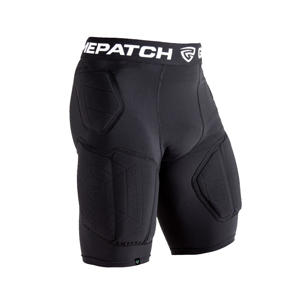 Black padded compresssion shorts with brand logo on a white background