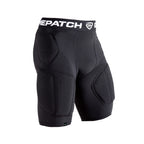 Black padded compresssion shorts with brand logo on a white background
