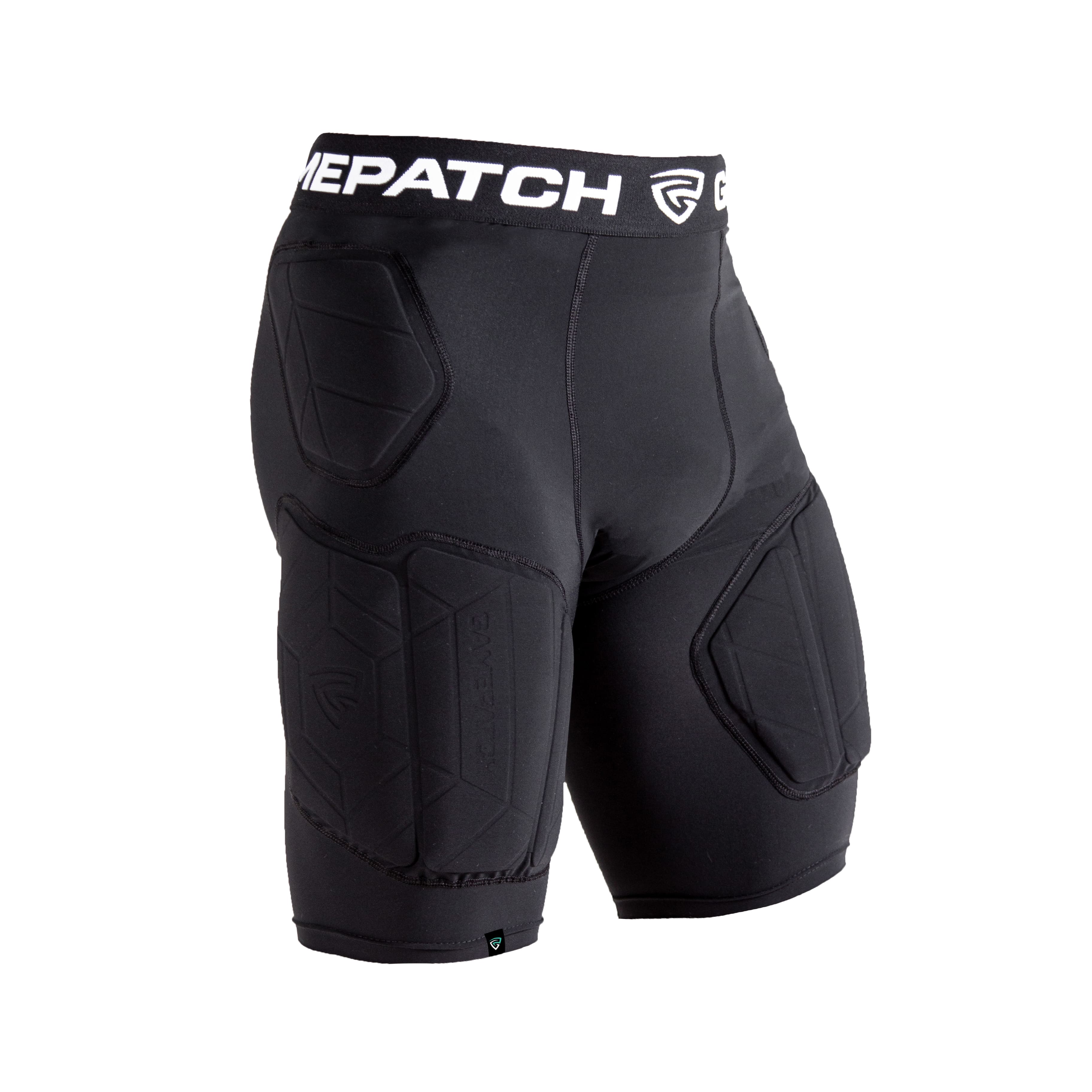 Black padded compresssion shorts with brand logo on a white background