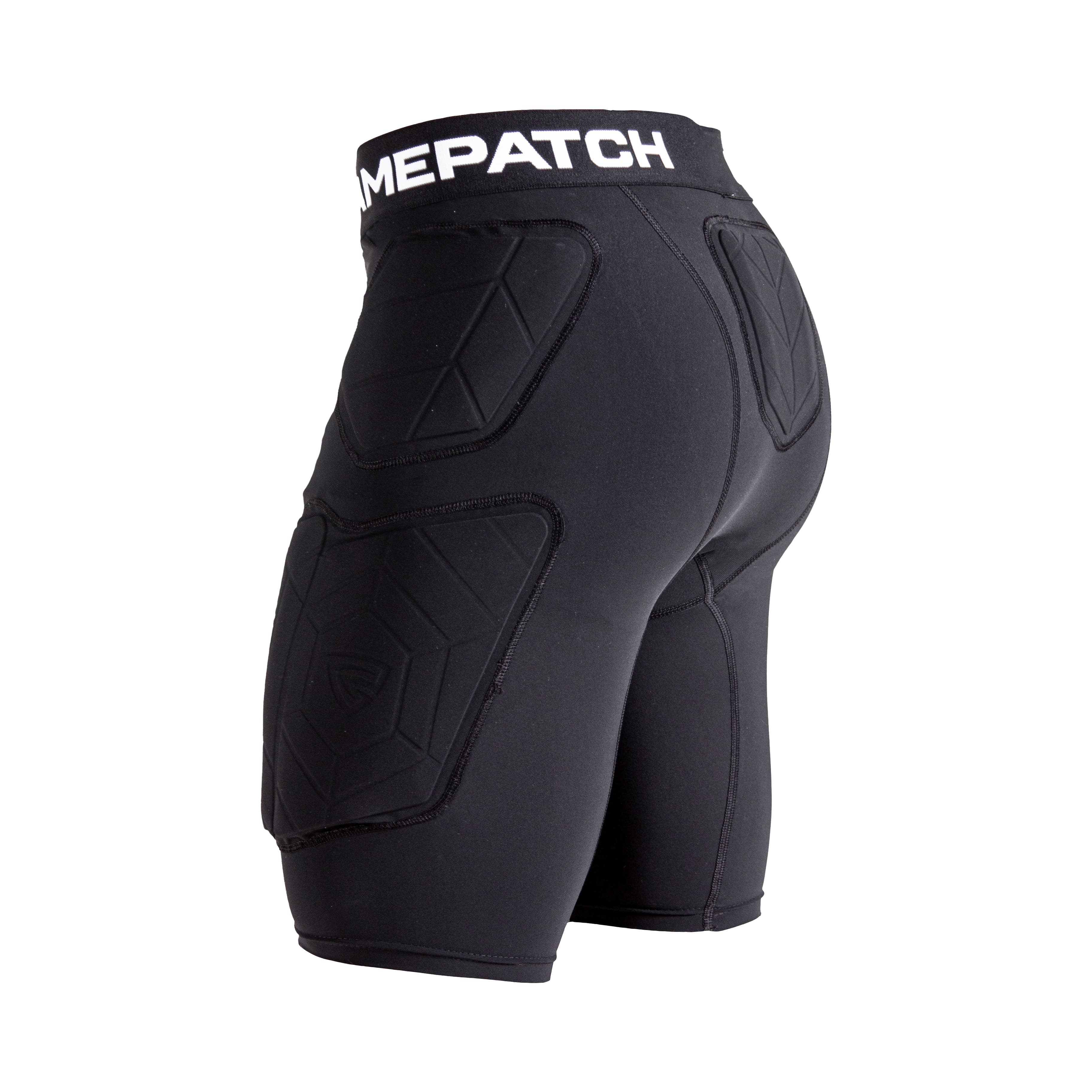 Black padded protective shorts with Gamepatch branding on a white background