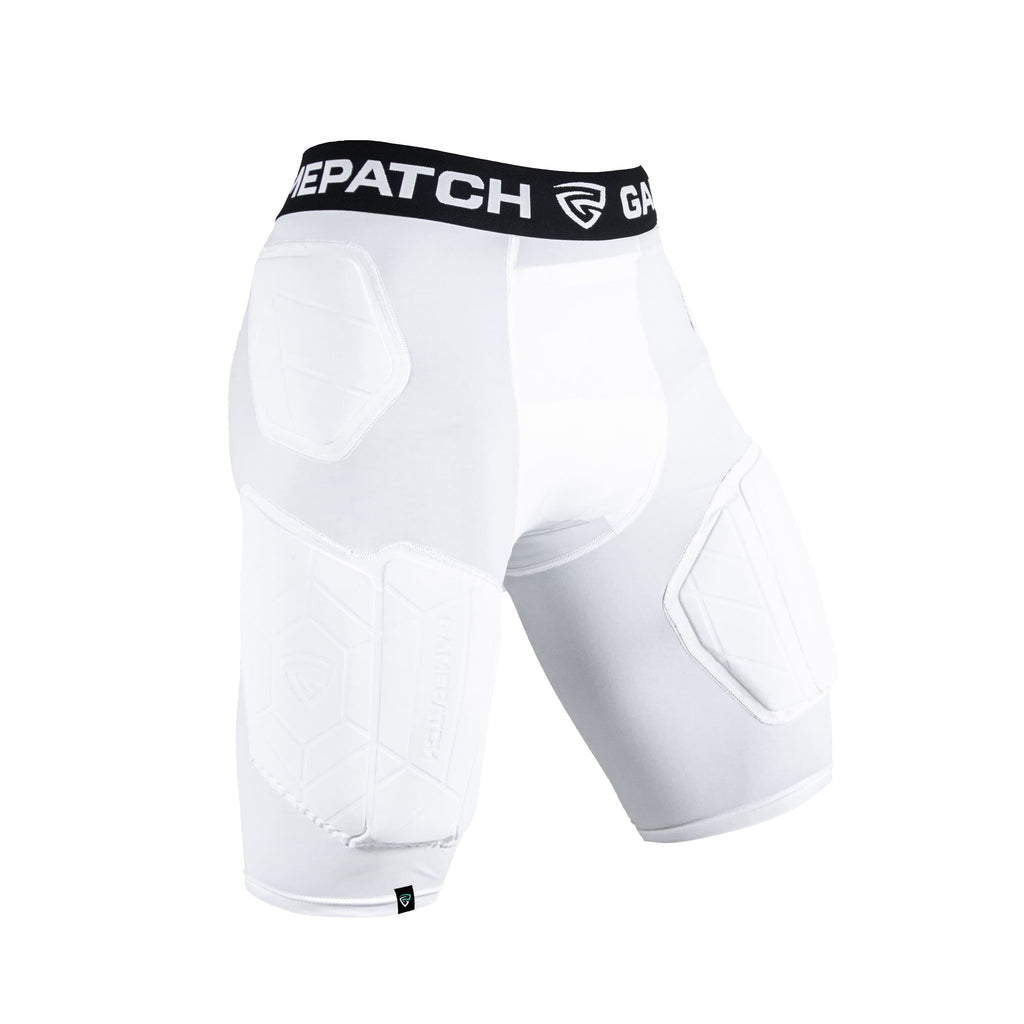 White compression padded shorts with a black waistband on a white background
