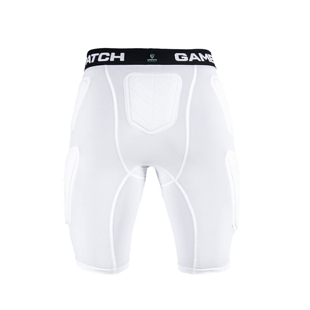 White padded compression shorts with a black waistband on a white background