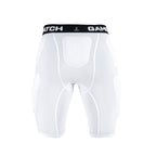 White padded compression shorts with a black waistband on a white background