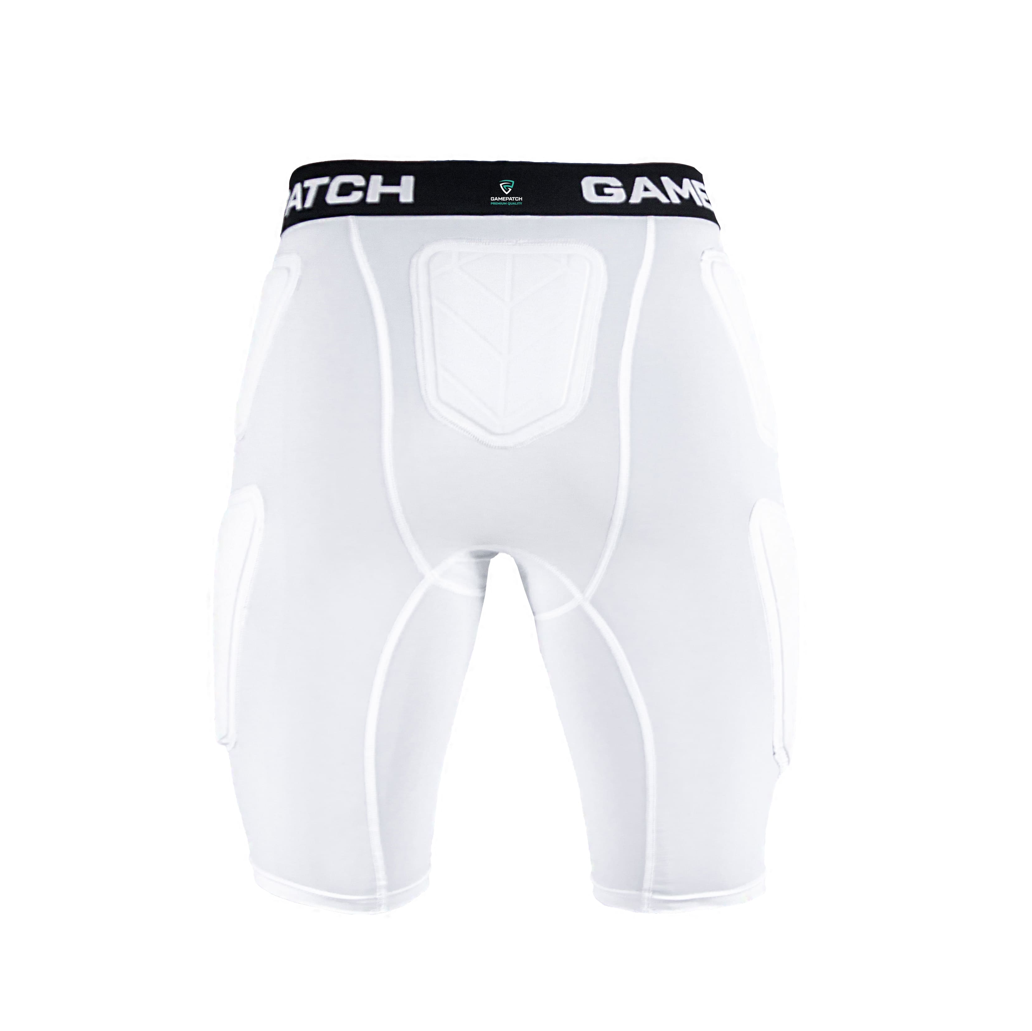 White padded compression shorts with a black waistband on a white background