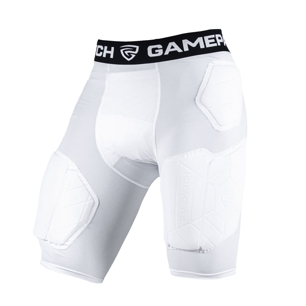 White padded compression shorts with a black waistband featuring 'Gamer' branding on a white background.