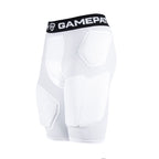 White padded compression shorts with a black waistband featuring 'GamePatch' branding on a white background.