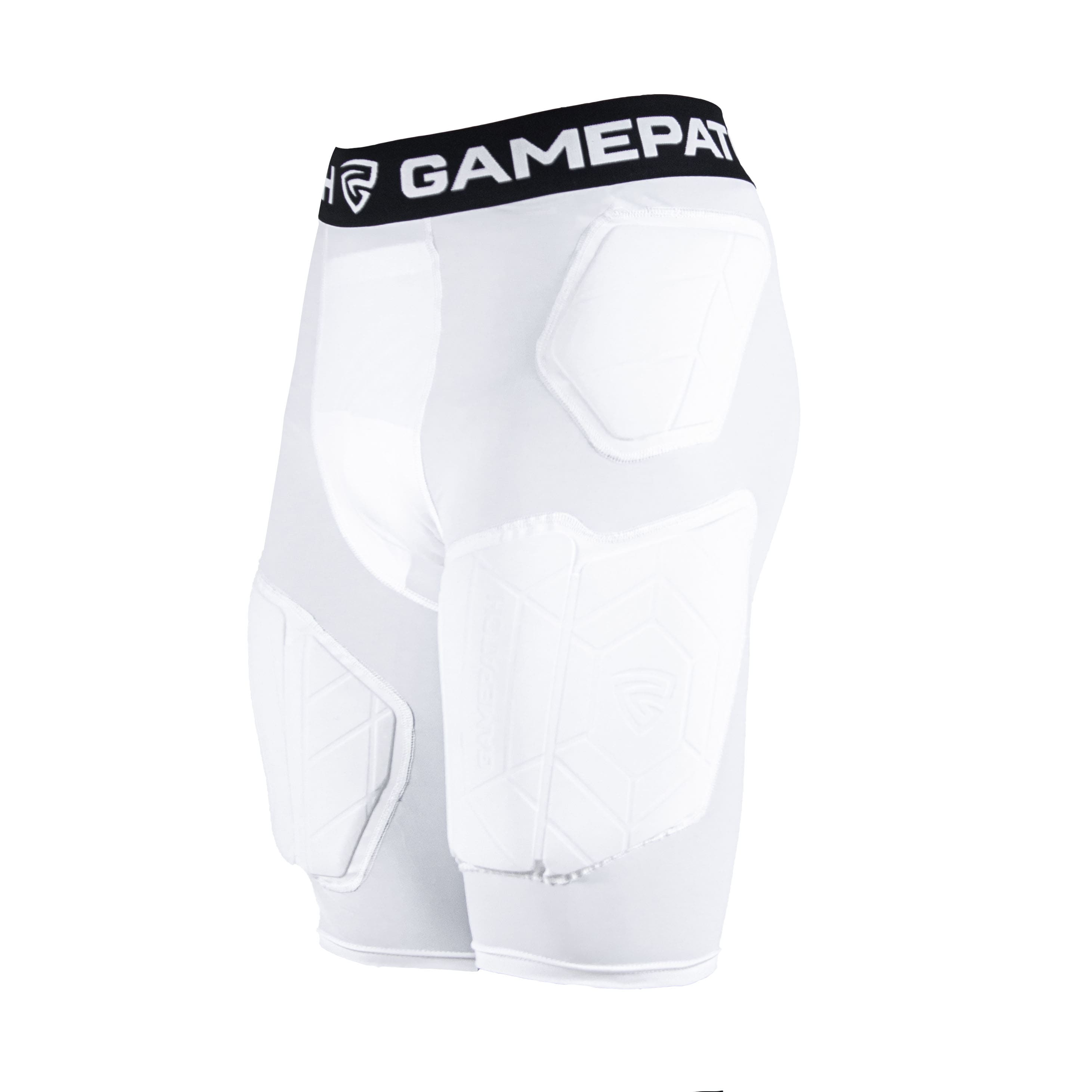 White padded compression shorts with a black waistband featuring 'GamePatch' branding on a white background.