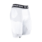 White padded compression shorts with a black waistband featuring 'GamePatch' branding on a white background.