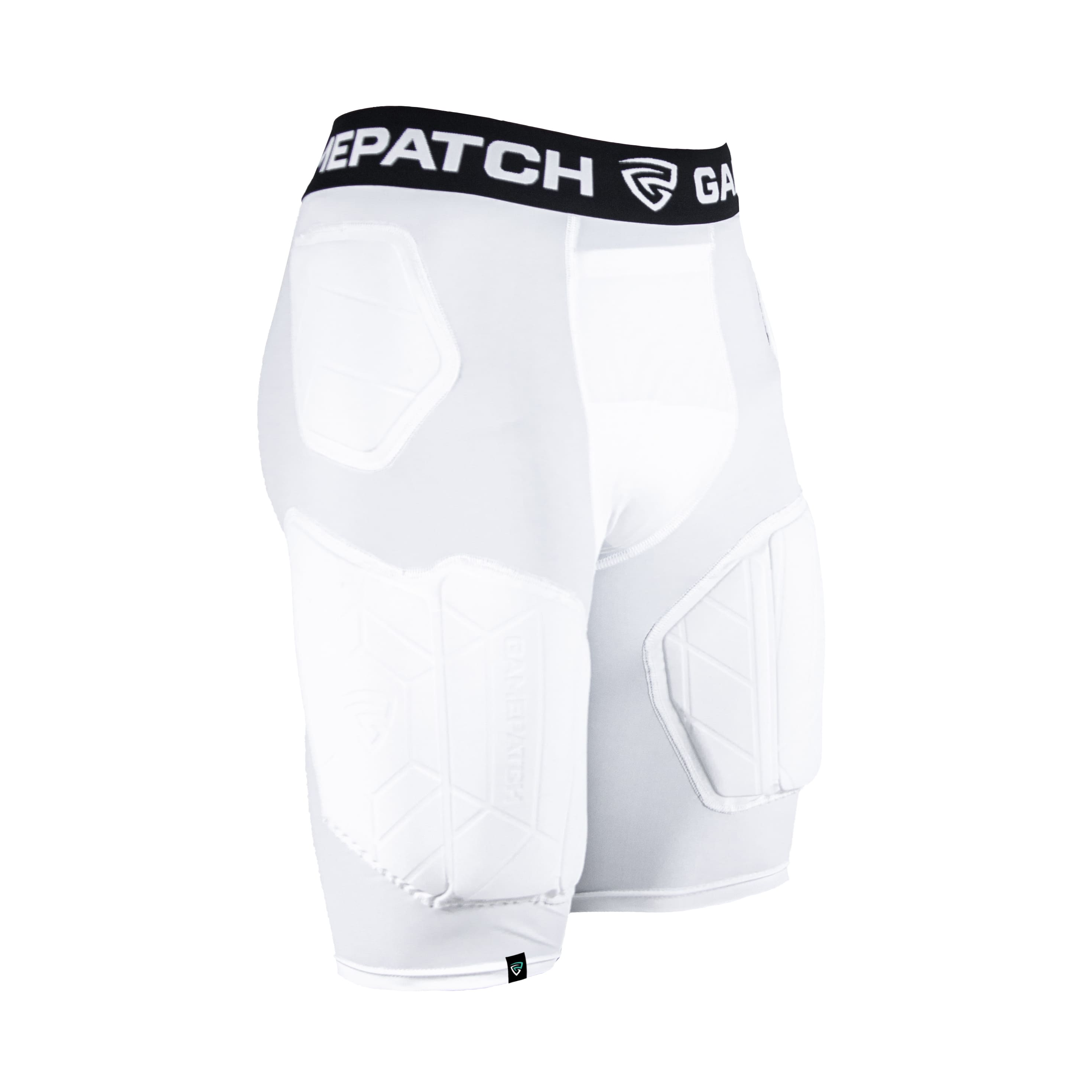 White padded compression shorts with a black waistband featuring 'GamePatch' branding on a white background.