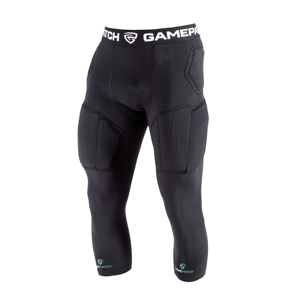 Black protective sports pants with padding on a white background