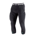 Black protective sports pants with padding on a white background