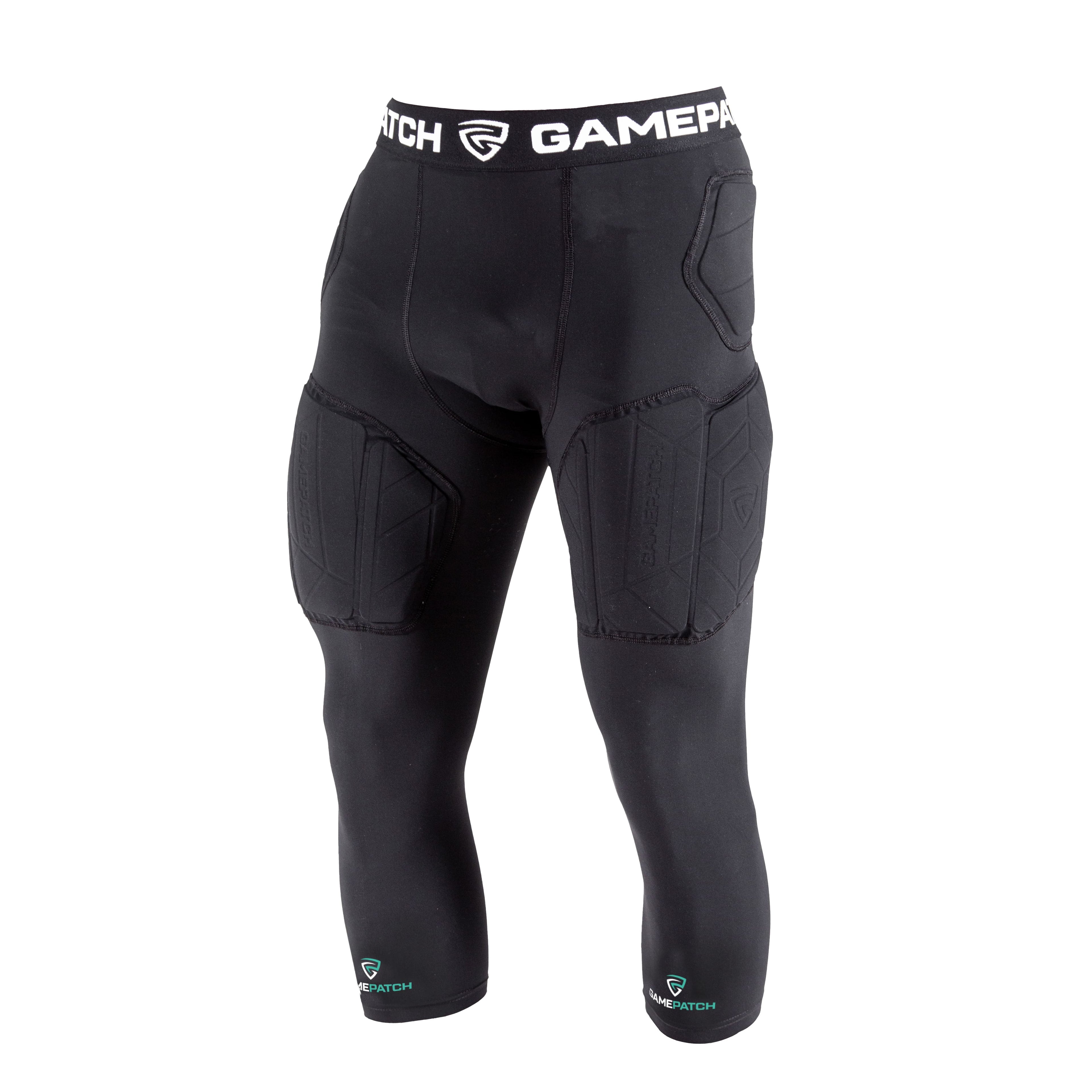 Black protective sports pants with padding on a white background