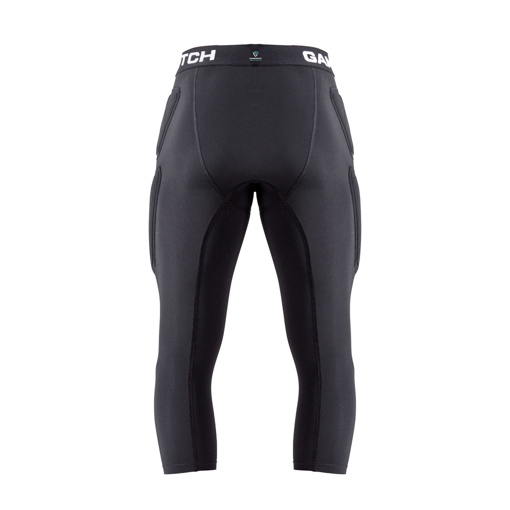 Black compression pants with brand logo on a white background