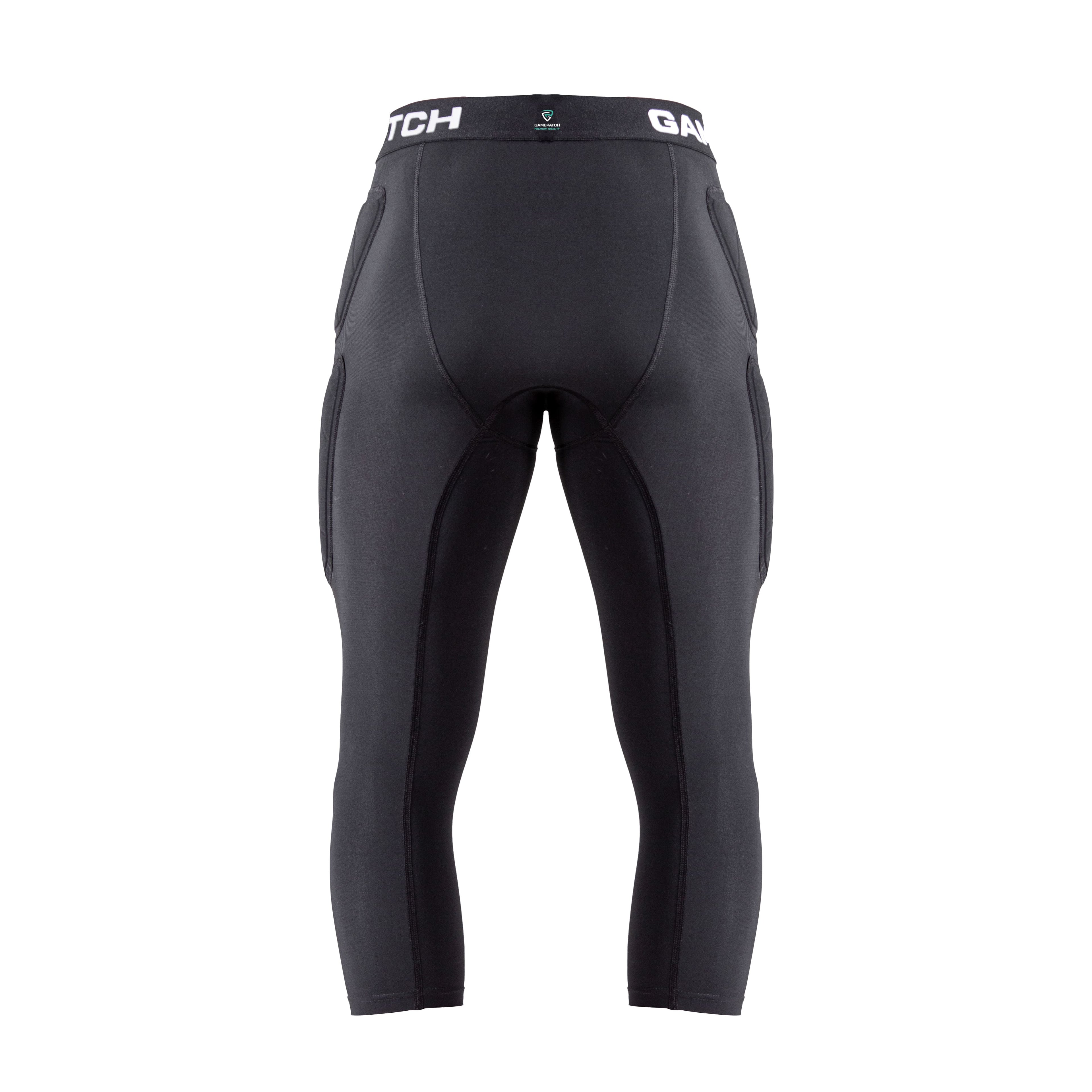 Black compression pants with brand logo on a white background