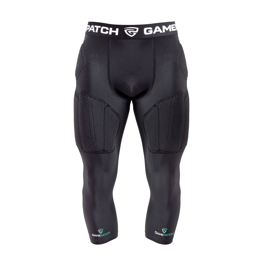 Black protective athletic pants with padding on a white background